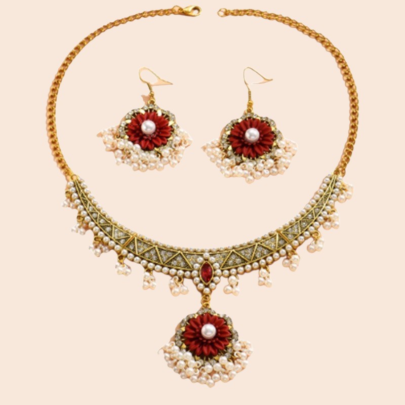 Vintage Pearl Flower Statement Necklace & Earring Set