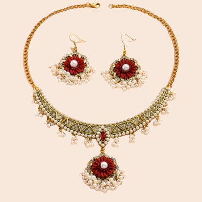 Vintage Pearl Flower Statement Necklace & Earring Set