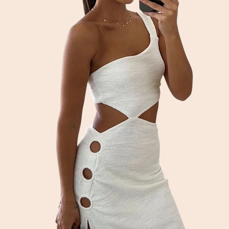 One-Shoulder Cutout Button Detail Midi Dress