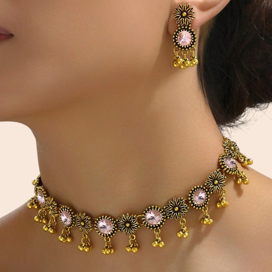 Vintage Floral Crystal Necklace & Earring Set