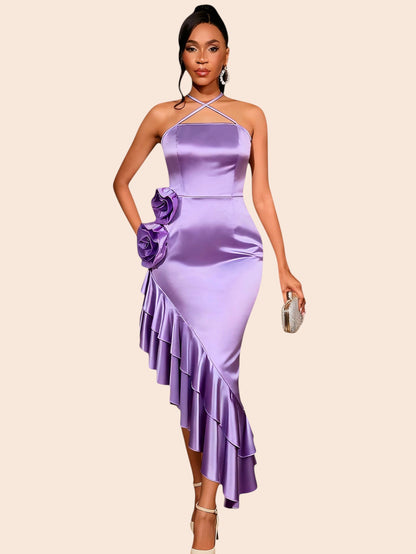 Lavender Bloom Asymmetrical Satin Dress