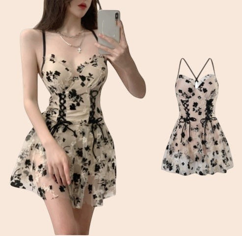 Floral Embroidered Mesh Mini Dress