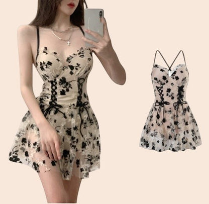 Floral Embroidered Mesh Mini Dress