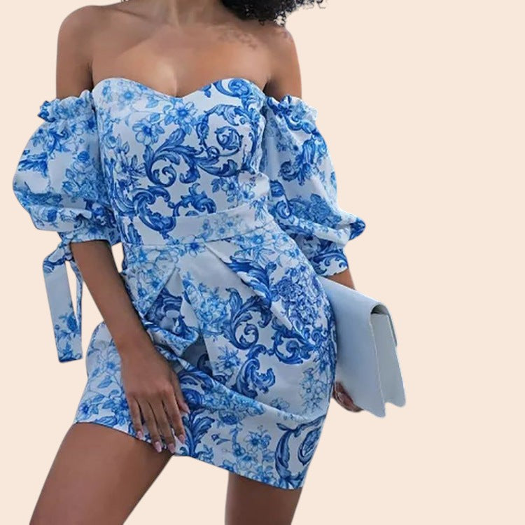 Blue Porcelain Off-Shoulder Mini Dress