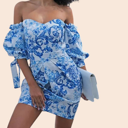 Blue Porcelain Off-Shoulder Mini Dress
