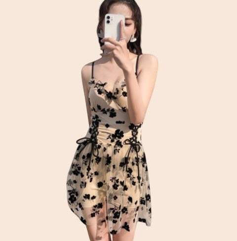 Floral Embroidered Mesh Mini Dress
