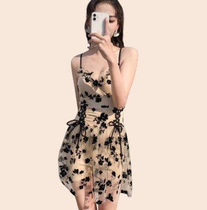 Floral Embroidered Mesh Mini Dress