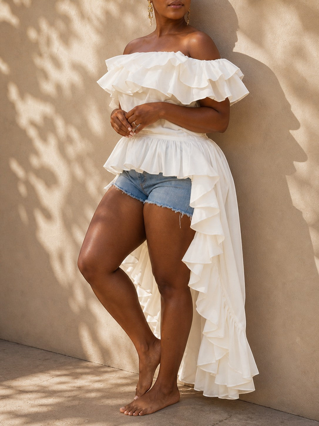 Tiered Ruffle Off-Shoulder High-Low Blouse