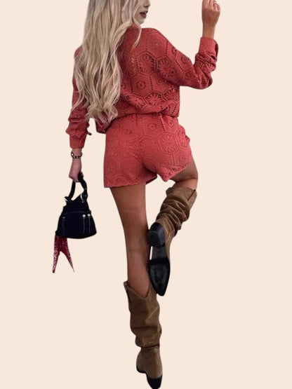 Lace Cutout Shirt & Shorts Set
