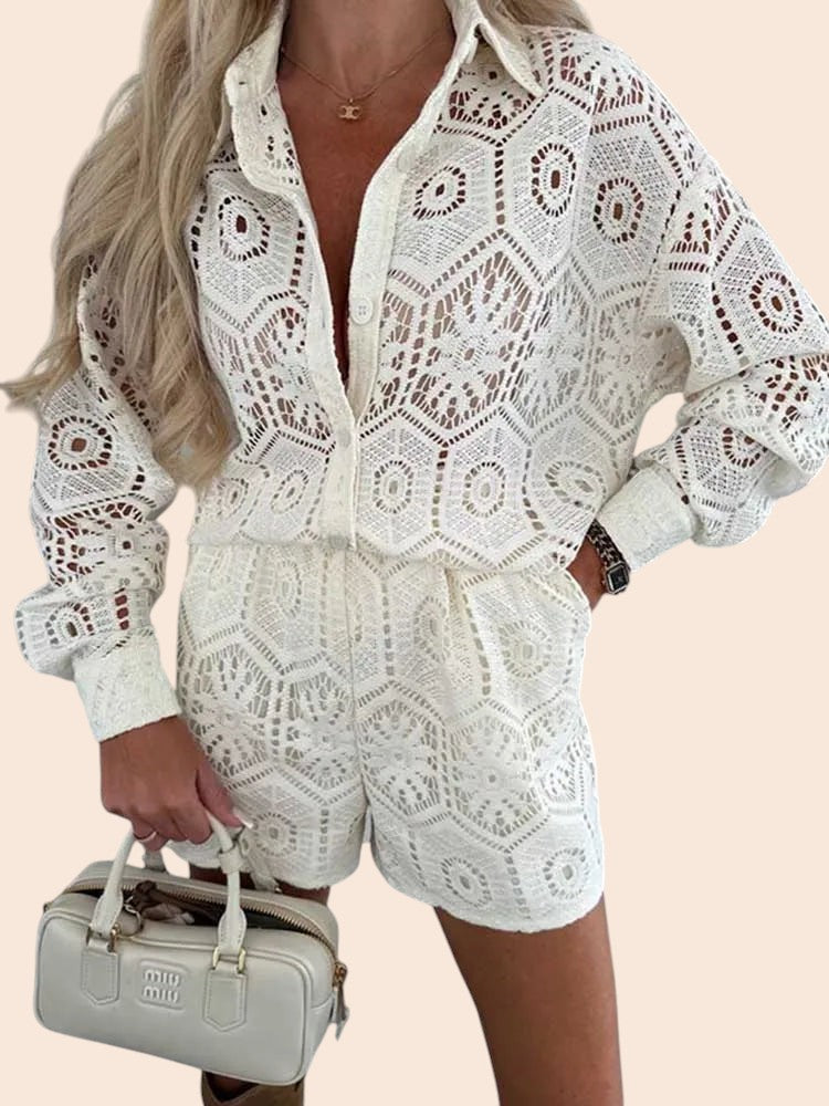 Lace Cutout Shirt & Shorts Set