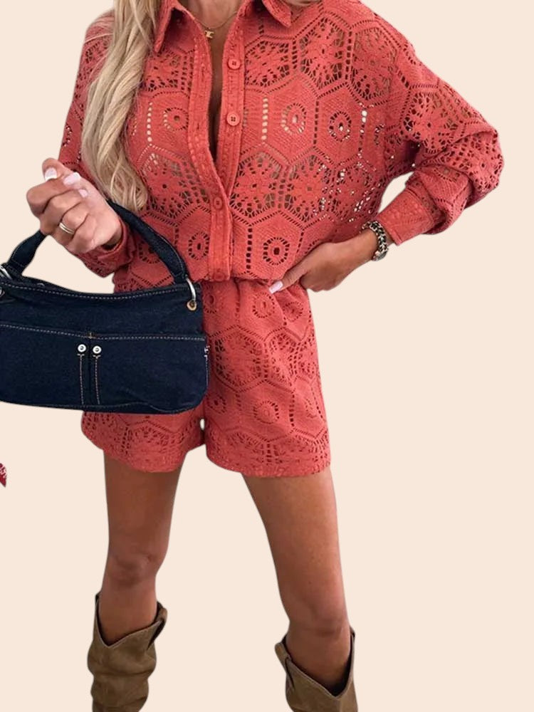 Lace Cutout Shirt & Shorts Set