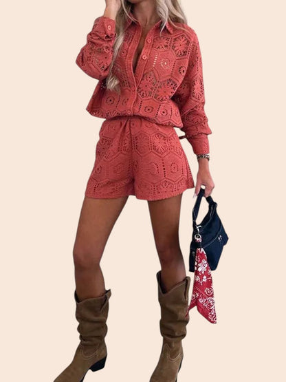 Lace Cutout Shirt & Shorts Set