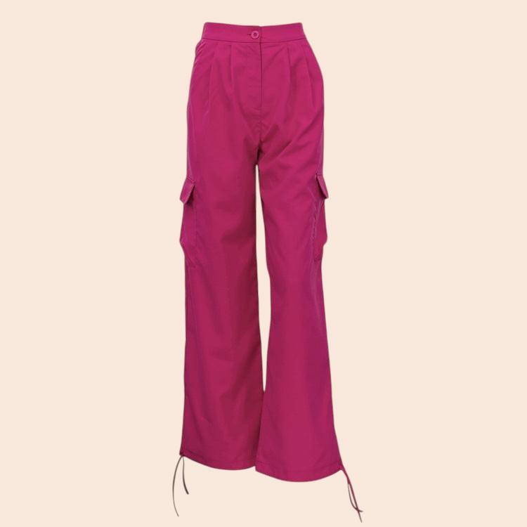 Rose Red Lace-Up Wide-Leg Cargo Pants