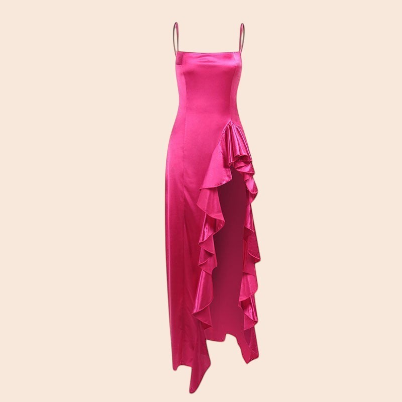 Satin Ruffle High Slit Maxi Dress