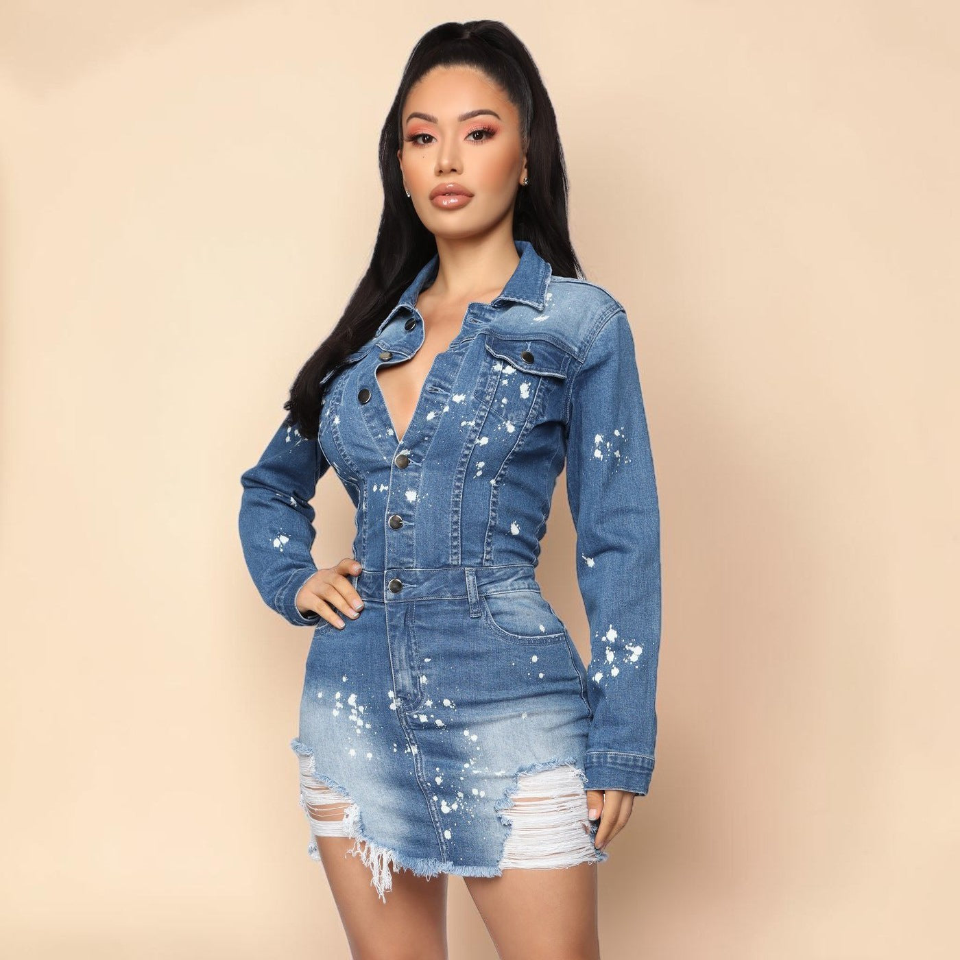 Elastic Denim Button Detail Dress