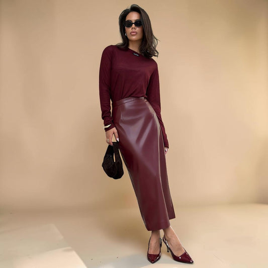 Wine Red Faux Leather Midi Slit Skirt