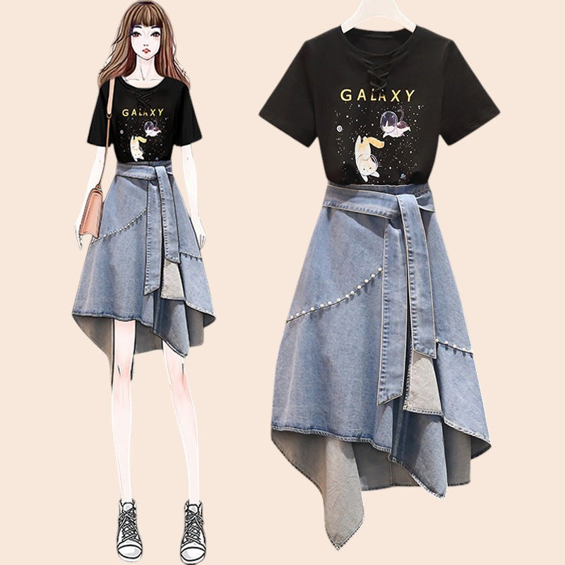 Western-Inspired Denim Two-Piece Skirt Set