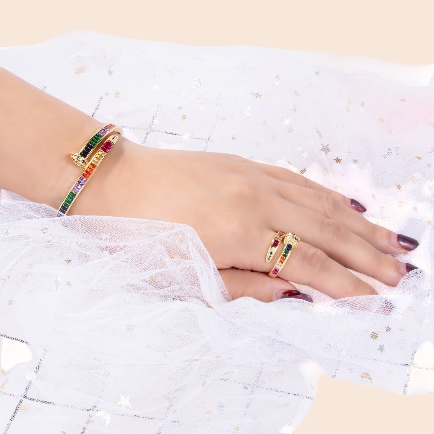 Rainbow Luxe Crystal Bracelet & Ring Set  Description: