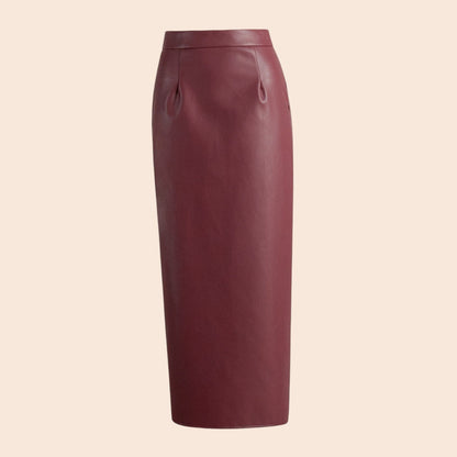 Wine Red Faux Leather Midi Slit Skirt