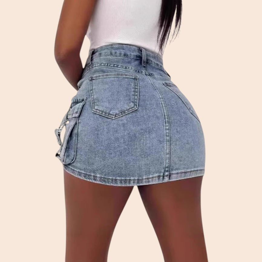 High-Waist Cargo Denim Mini Skirt