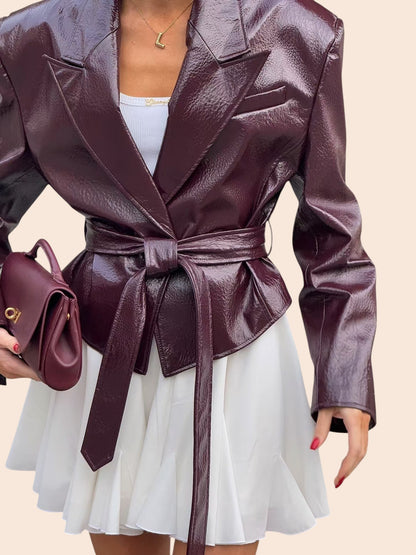 Belted Faux Leather Peplum Jacket