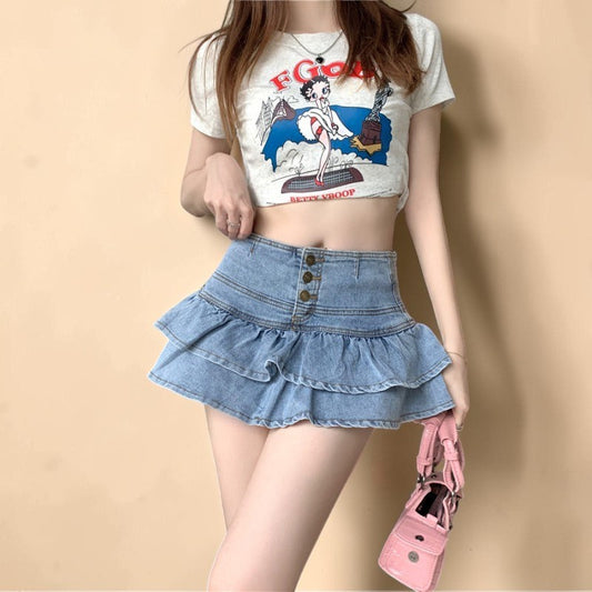 Ruffle Layered Denim Mini Skirt