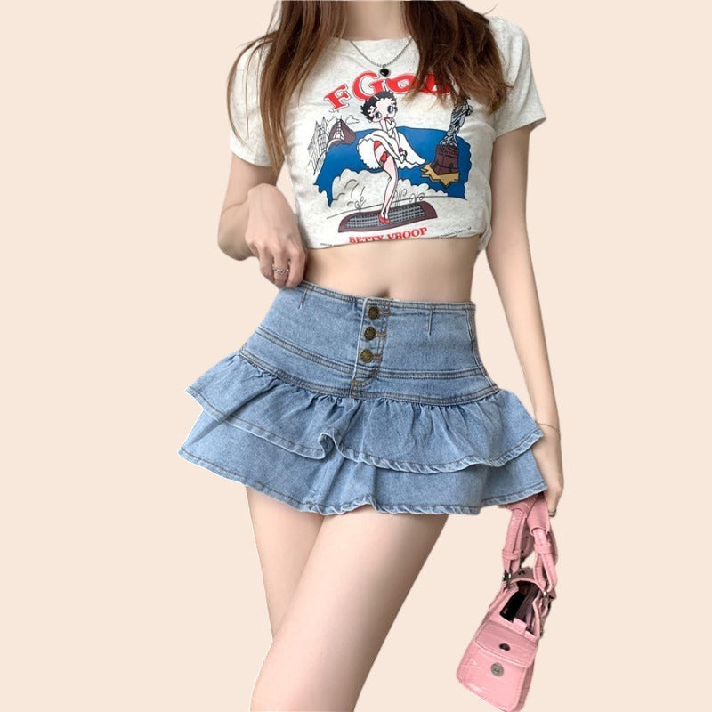 Ruffle Layered Denim Mini Skirt