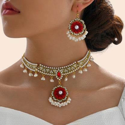 Vintage Pearl Flower Statement Necklace & Earring Set