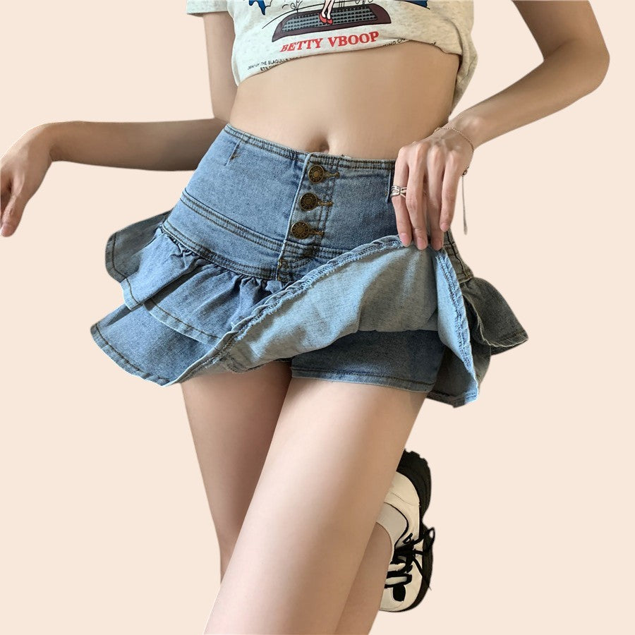 Ruffle Layered Denim Mini Skirt