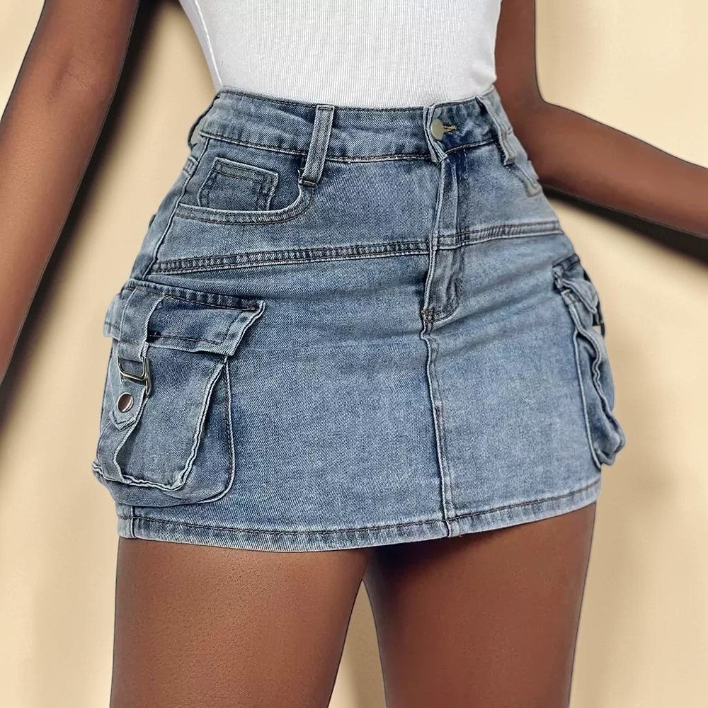High-Waist Cargo Denim Mini Skirt