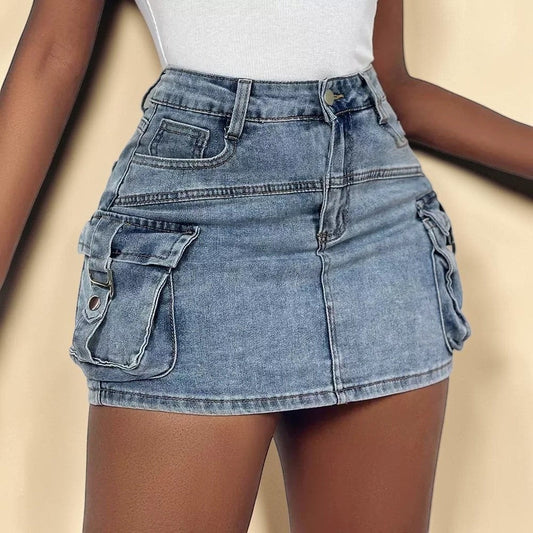 High-Waist Cargo Denim Mini Skirt