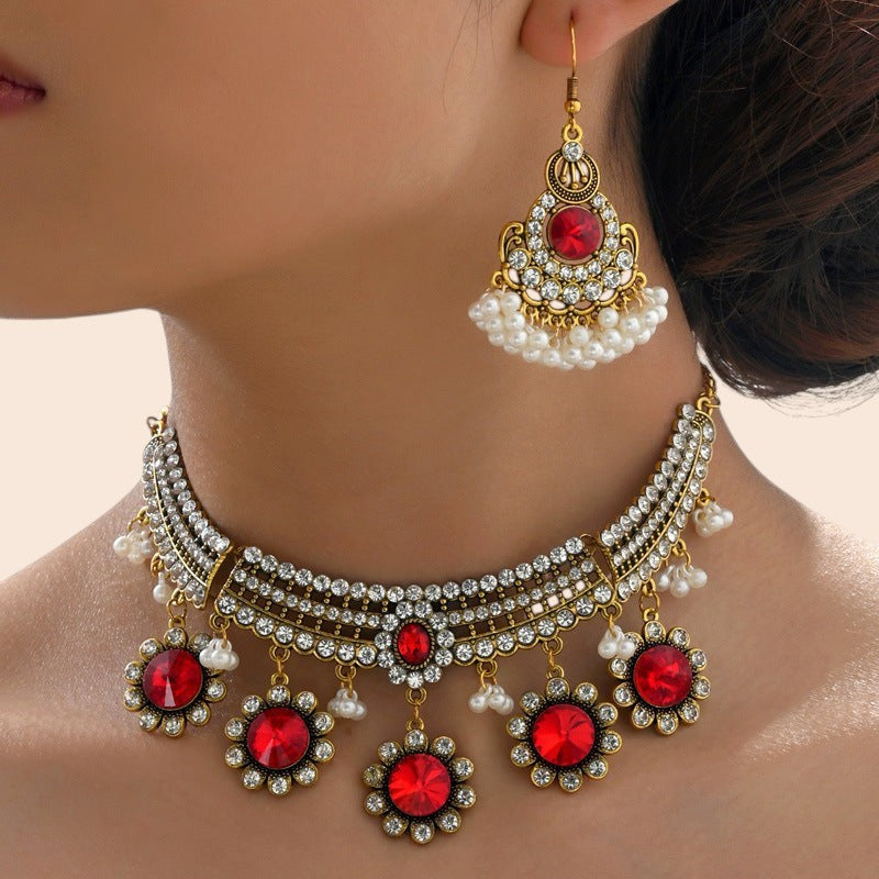Vintage Pearl Flower Statement Necklace & Earring Set