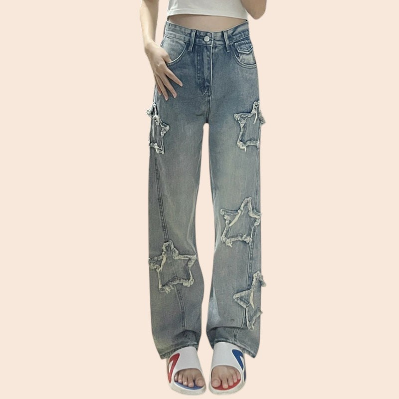 Star Patch High-Waist Straight Leg Jeans