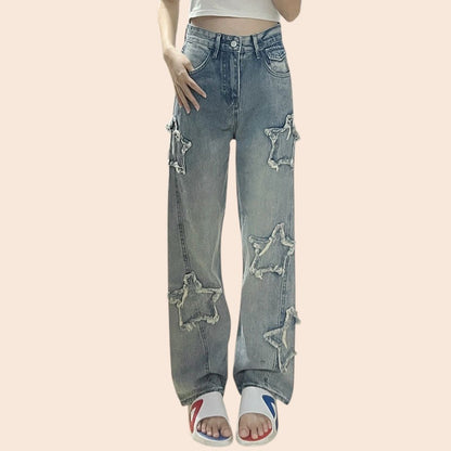 Star Patch High-Waist Straight Leg Jeans