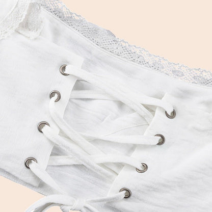 Lace Trim Tie-Front Crop Blouse