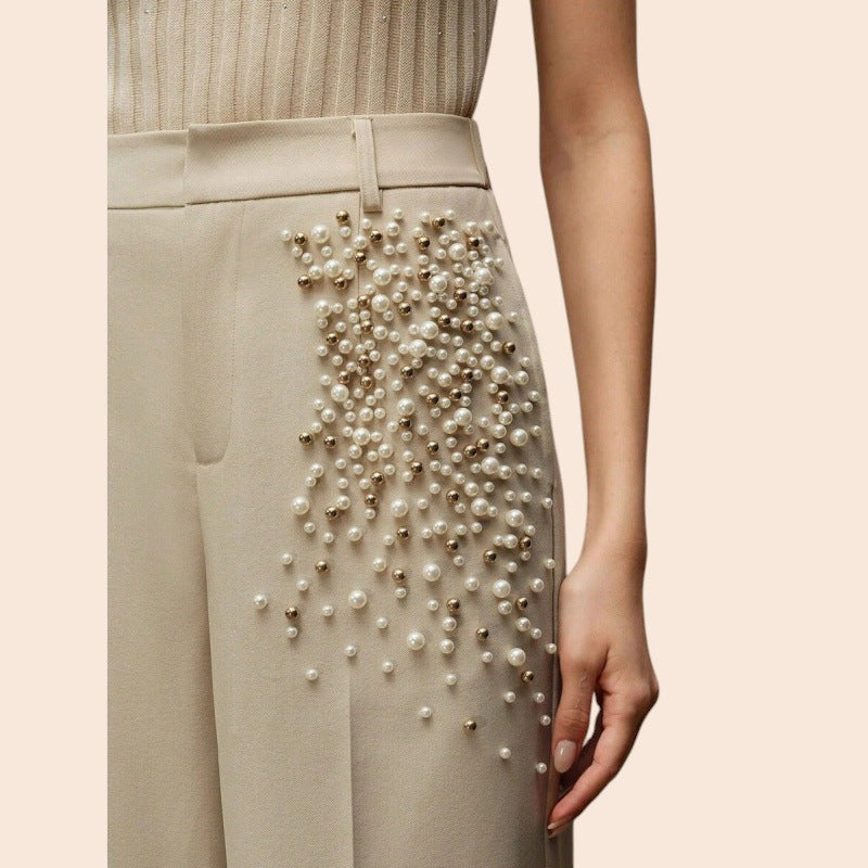 Pearl Embellished Wide-Leg Pants – Luxe Elegance Edition