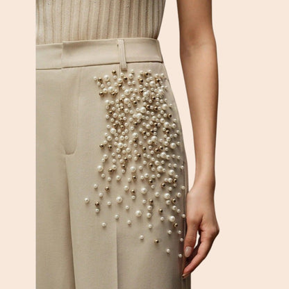 Pearl Embellished Wide-Leg Pants – Luxe Elegance Edition
