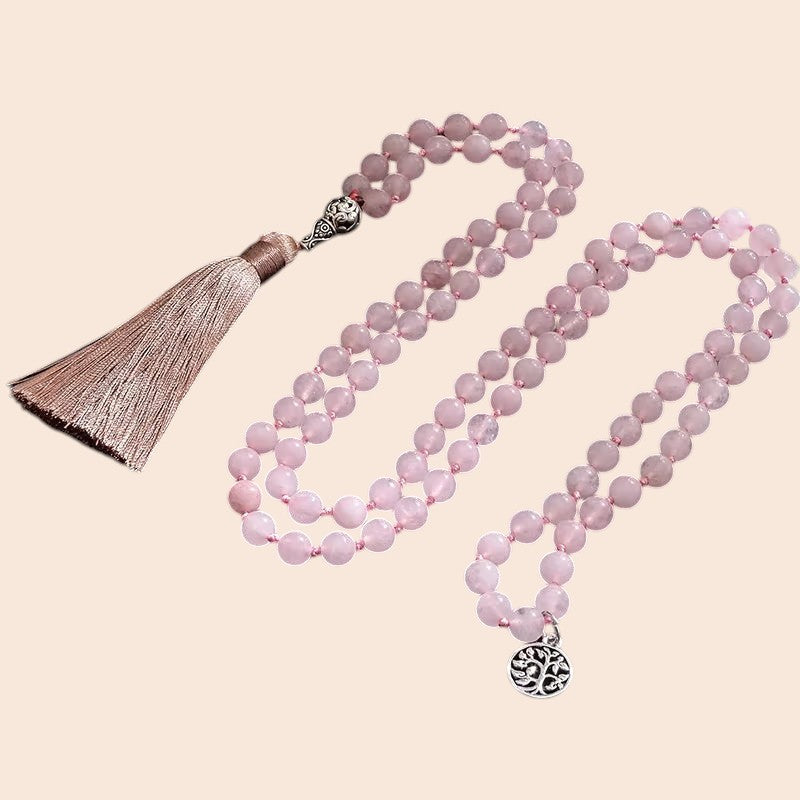 Rose Quartz Tassel Mala Necklace & Bracelet Set