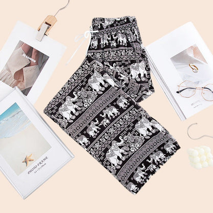 Thai Elephant Print Wide-Leg Pants – Boho Comfort Luxe