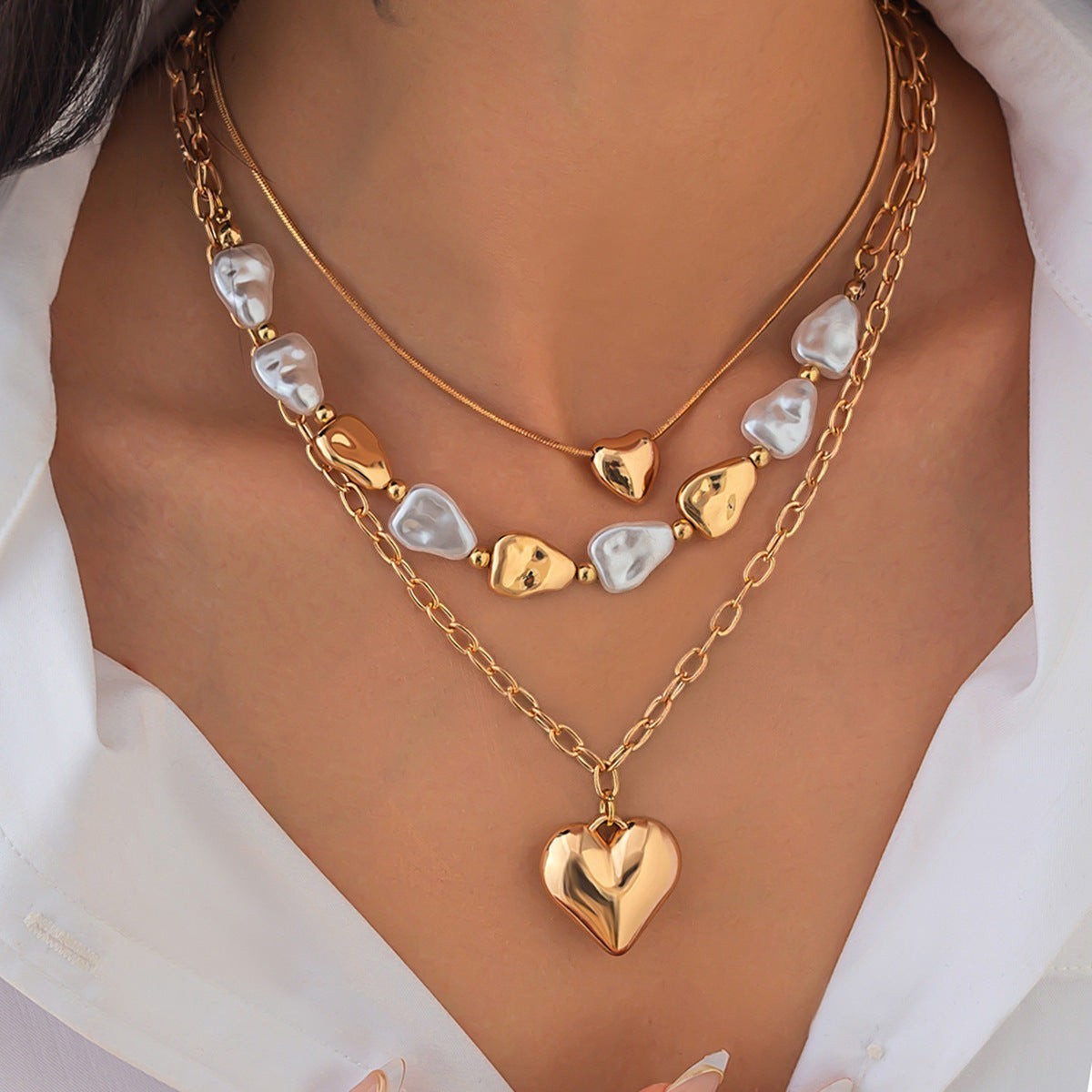 Layered Heart & Pearl Pendant Necklace