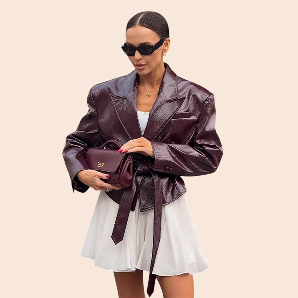 Belted Faux Leather Peplum Jacket