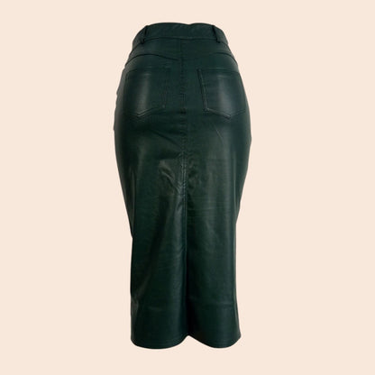 Faux Leather Front Slit Midi Skirt