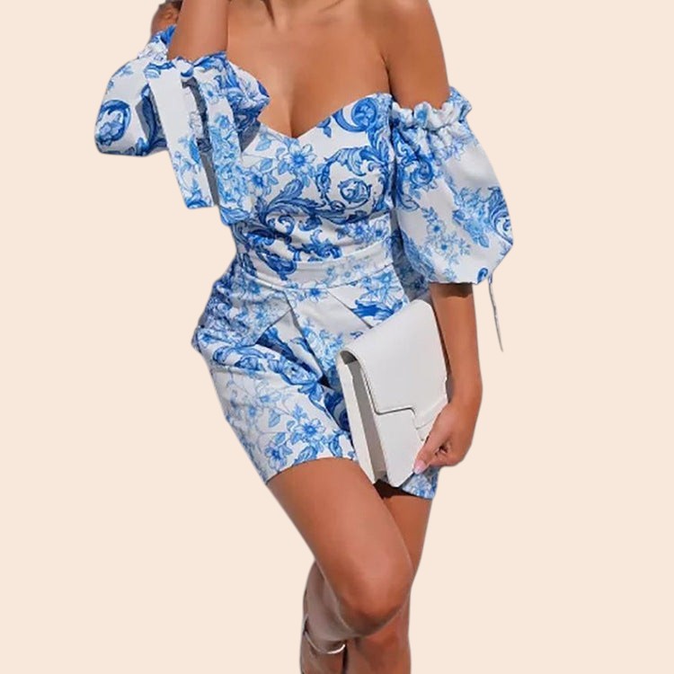 Blue Porcelain Off-Shoulder Mini Dress