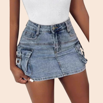 High-Waist Cargo Denim Mini Skirt