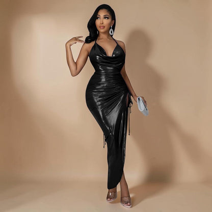Midnight Allure Halter Gown