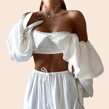 Lace Trim Tie-Front Crop Blouse
