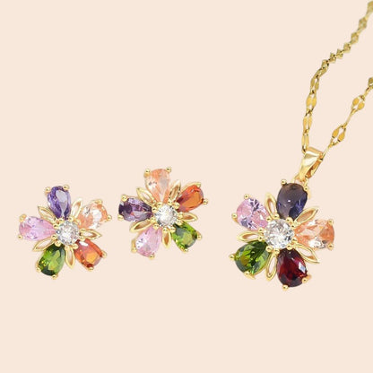 Colorful Crystal Flower Jewelry Set – Luxe Floral Sparkle