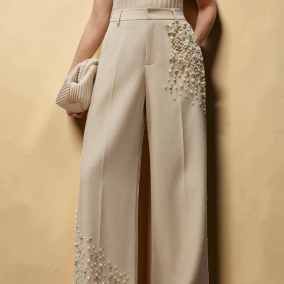 Pearl Embellished Wide-Leg Pants – Luxe Elegance Edition