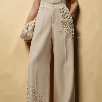 Pearl Embellished Wide-Leg Pants – Luxe Elegance Edition