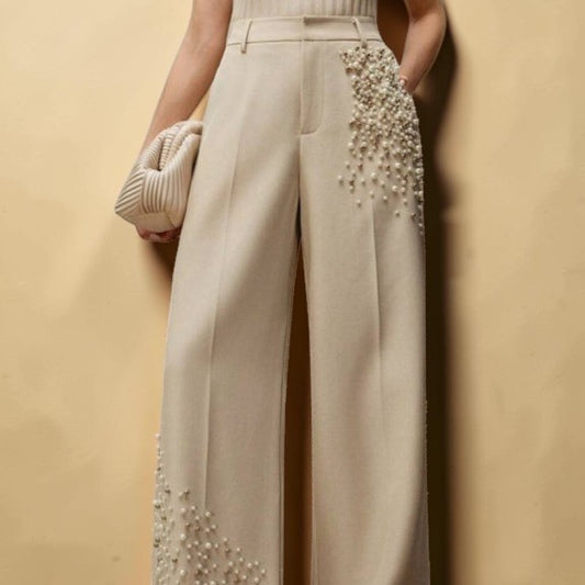 Pearl Embellished Wide-Leg Pants – Luxe Elegance Edition